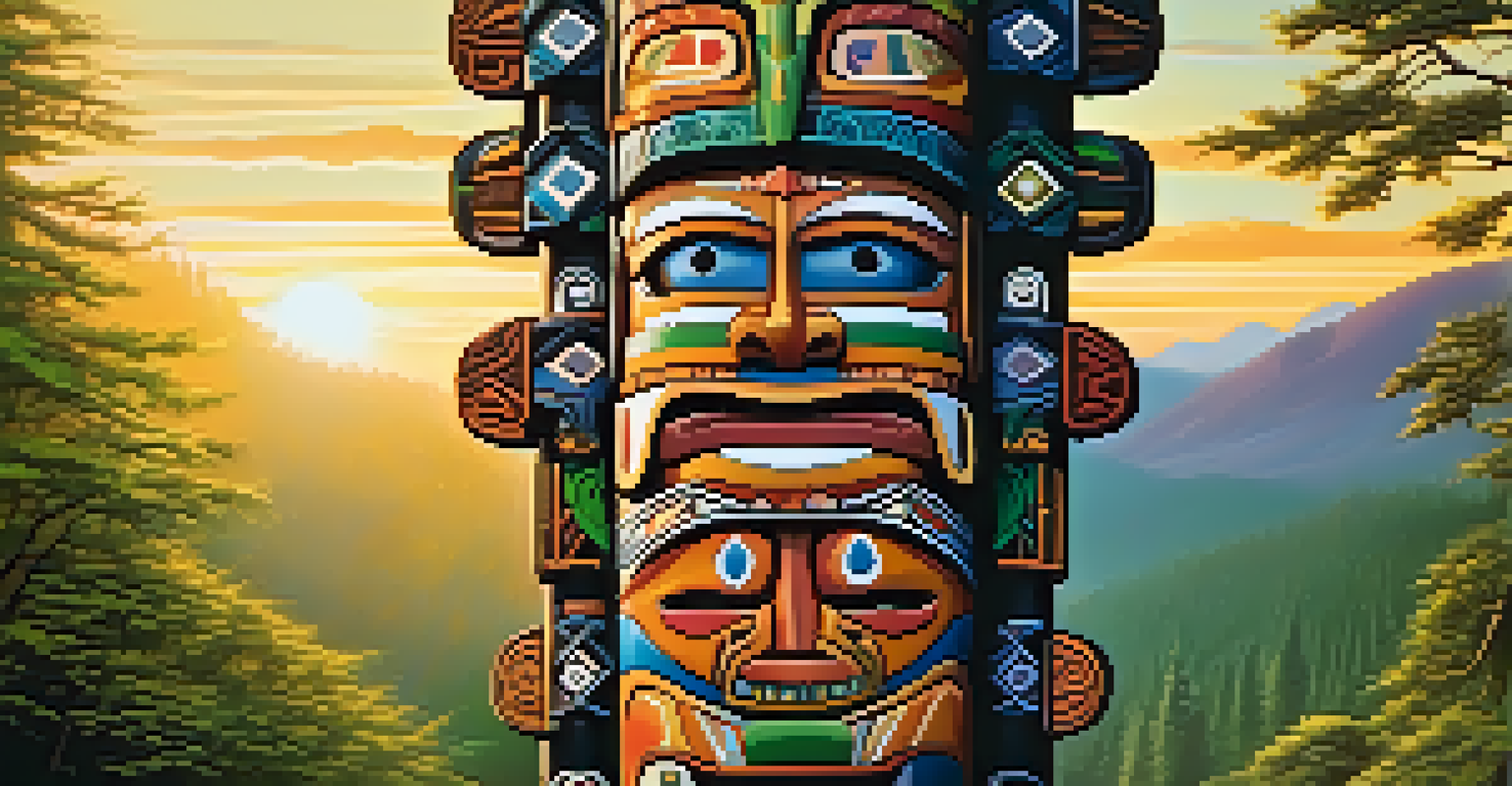 A detailed totem pole with colorful carvings representing clan lineage, surrounded by lush greenery and a golden sunset.