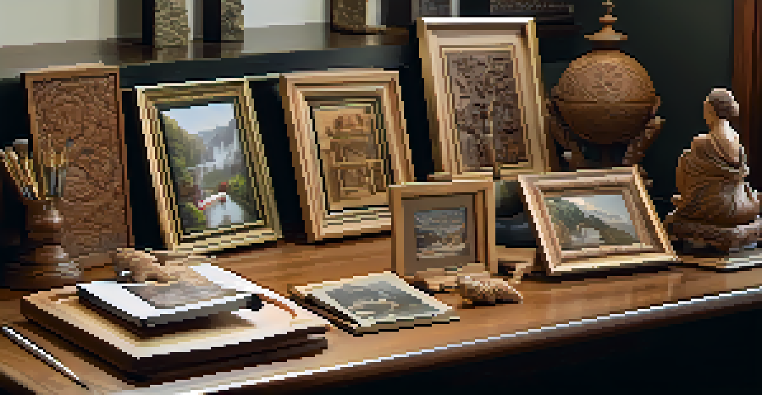 A display of photographs showcasing various wood carvings on a wooden table in a workshop.