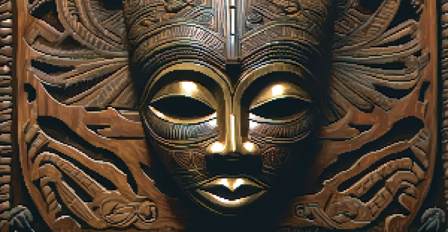 An intricately carved African mask illuminated against a dark background, showcasing detailed motifs.