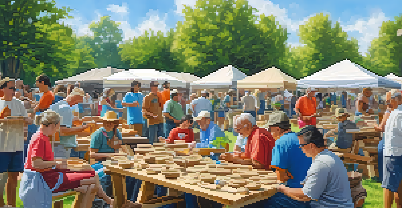 A lively outdoor community event where people of various ages gather to carve and share techniques, surrounded by colorful banners and greenery.