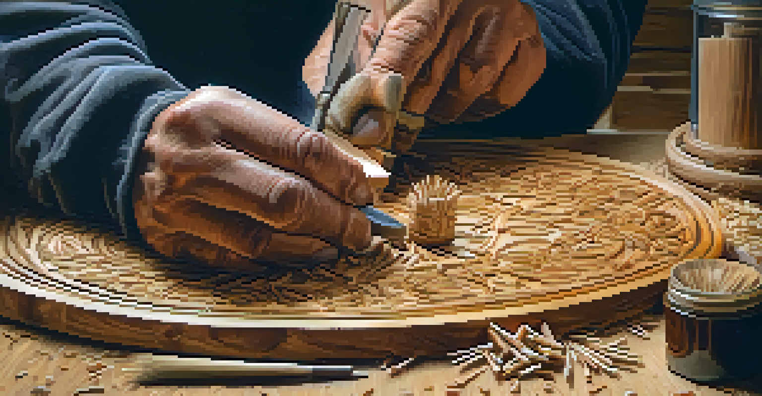 Close-up of an artisan's hands carving a wooden mask, showcasing intricate details and textures.