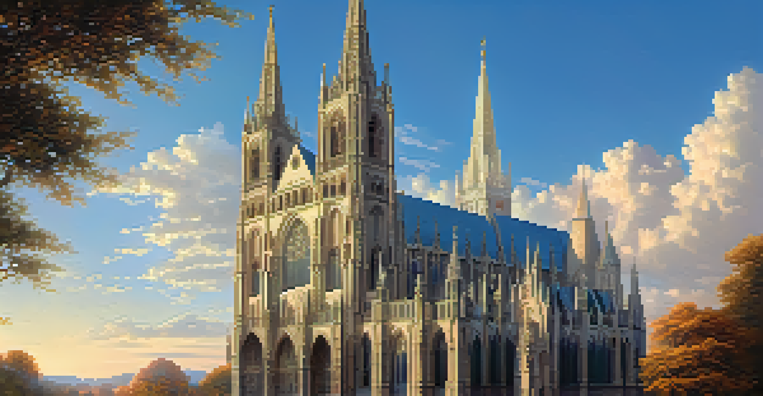 A Gothic cathedral facade with intricate stone carvings illuminated by sunset light, showcasing architectural grandeur.