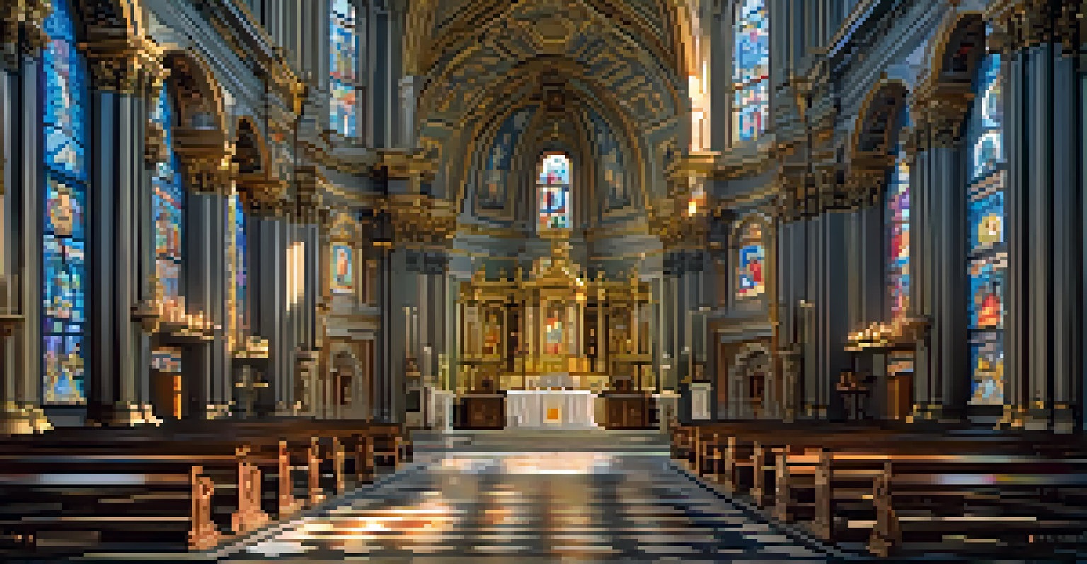 An ornate Baroque-style church interior with a gilded altar and dramatic sculptures, illuminated by colorful stained glass windows creating a spiritual atmosphere.