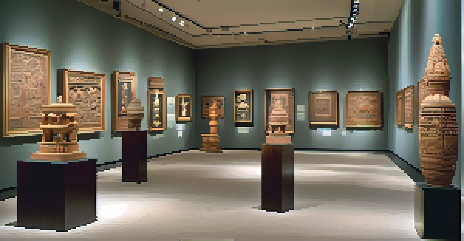 An art exhibition showcasing traditional carvings from different cultures, highlighted by soft lighting.