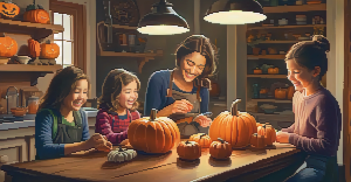 A family happily carving pumpkins together in a warmly lit kitchen, with various tools and colorful pumpkins on the table.