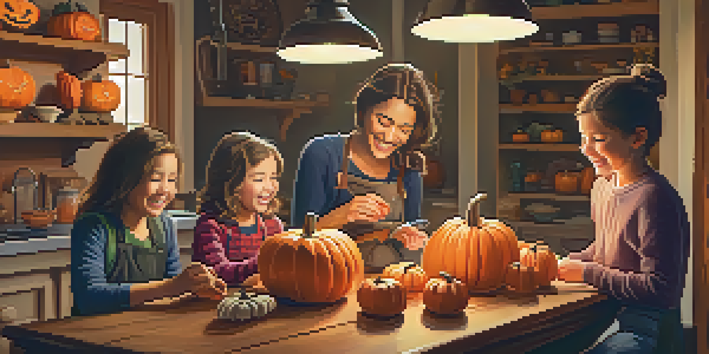 A family happily carving pumpkins together in a warmly lit kitchen, with various tools and colorful pumpkins on the table.