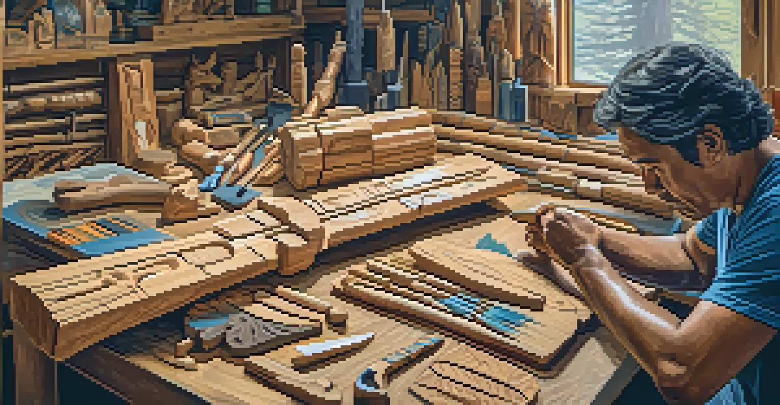 An Indigenous artist carving a totem pole with intricate designs in a bright workshop filled with tools and wood pieces.