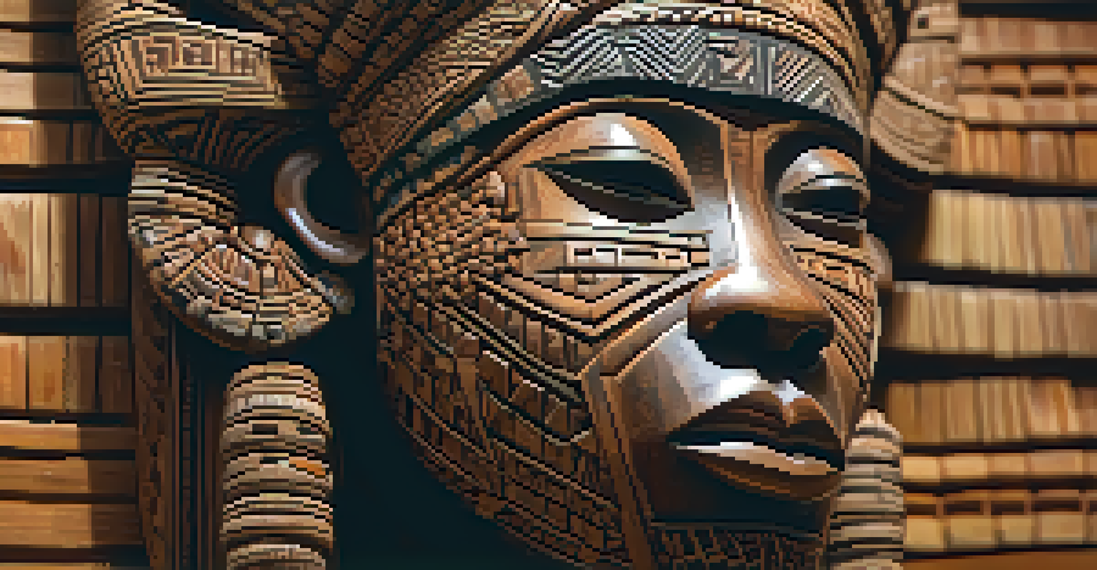 A close-up of a detailed wood carving of an ancestral figure with intricate patterns, showcasing the warm tones of the wood.