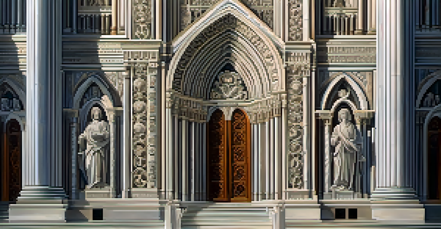 The facade of a grand cathedral with intricate marble carvings illuminated by evening light.