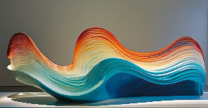 A flowing wave-shaped sculpture made of thermoplastic, illuminated with warm lighting, showing colors from deep blue to turquoise in a minimalist gallery.