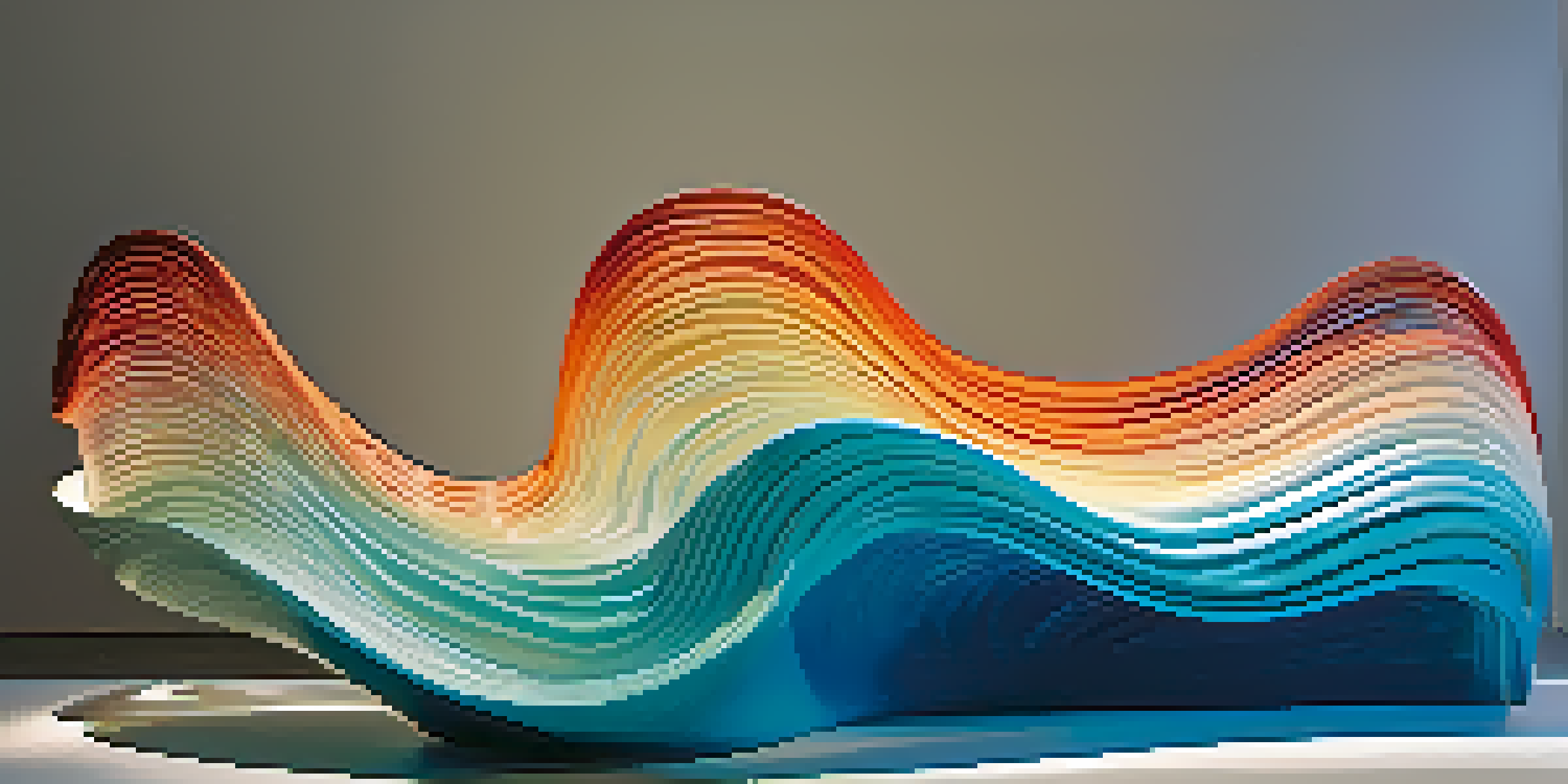 A flowing wave-shaped sculpture made of thermoplastic, illuminated with warm lighting, showing colors from deep blue to turquoise in a minimalist gallery.