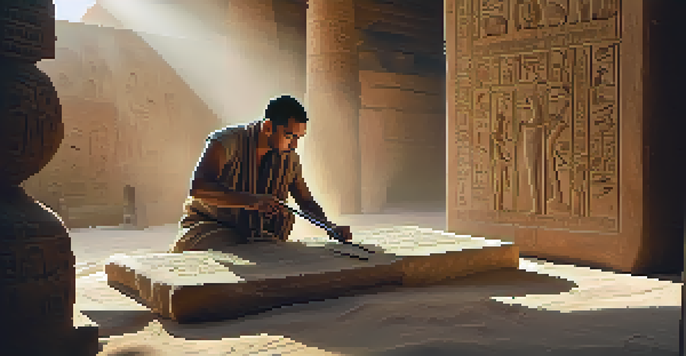 An artisan chiseling hieroglyphs on a stone tablet in a warm, dimly lit workshop.