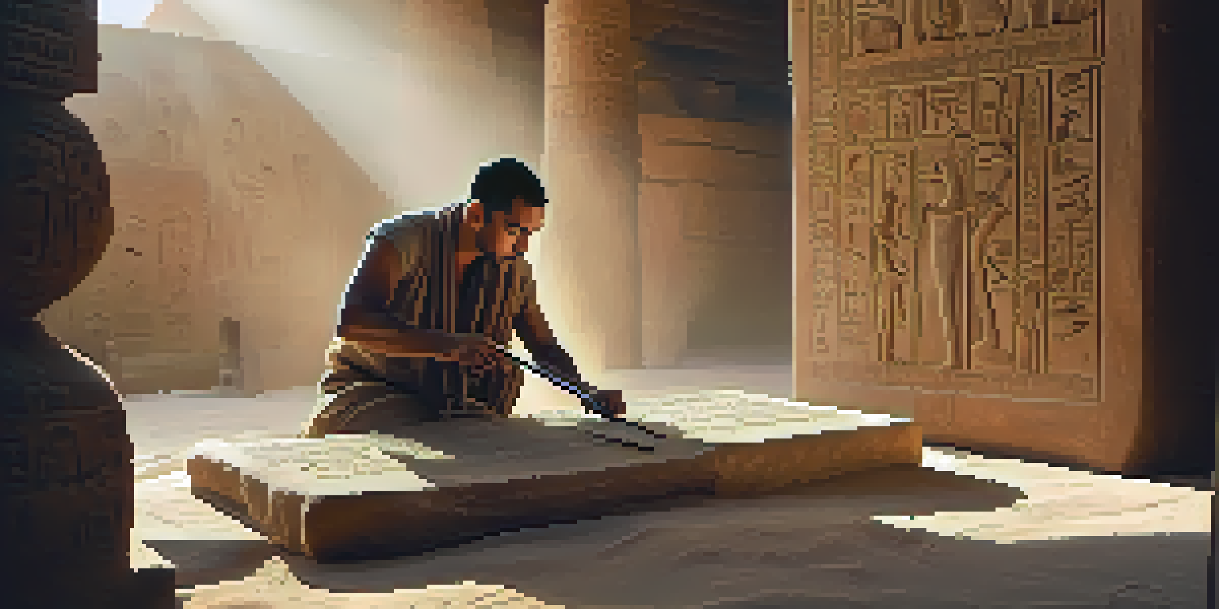An artisan chiseling hieroglyphs on a stone tablet in a warm, dimly lit workshop.