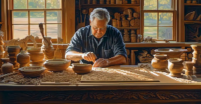 An artisan carving intricate patterns into oak wood in a sunlit workshop filled with tools and wooden sculptures.