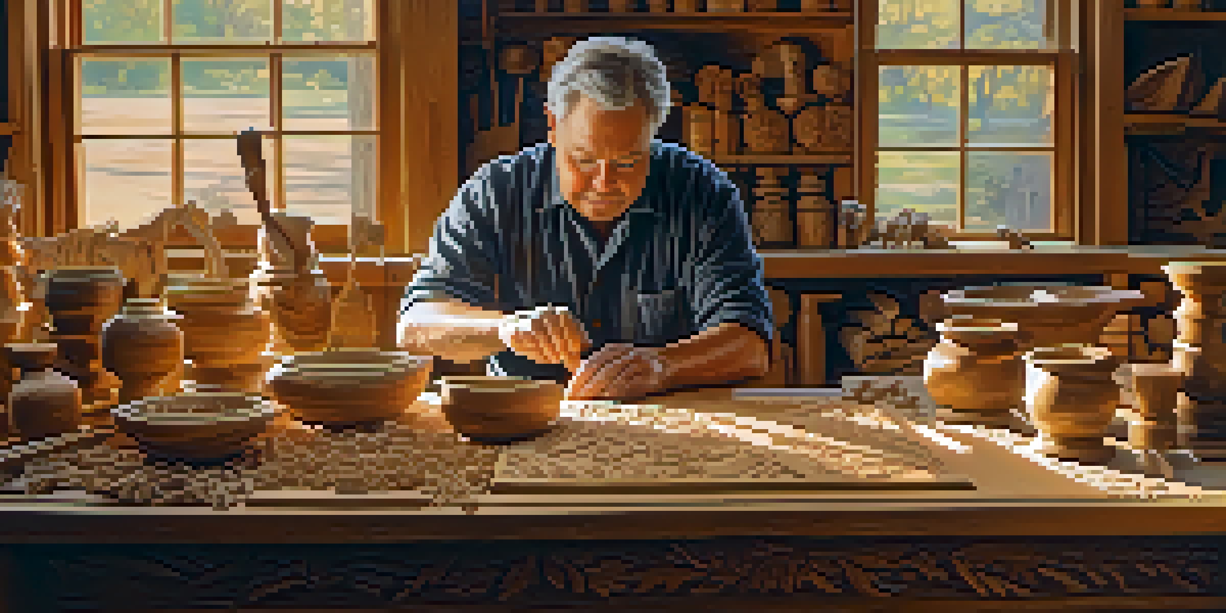 An artisan carving intricate patterns into oak wood in a sunlit workshop filled with tools and wooden sculptures.
