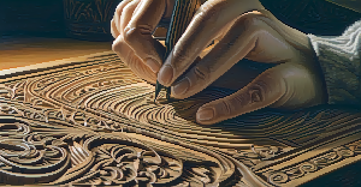 A close-up of a hand carving patterns into wood, with finished carvings in the background, focusing on texture and craftsmanship.