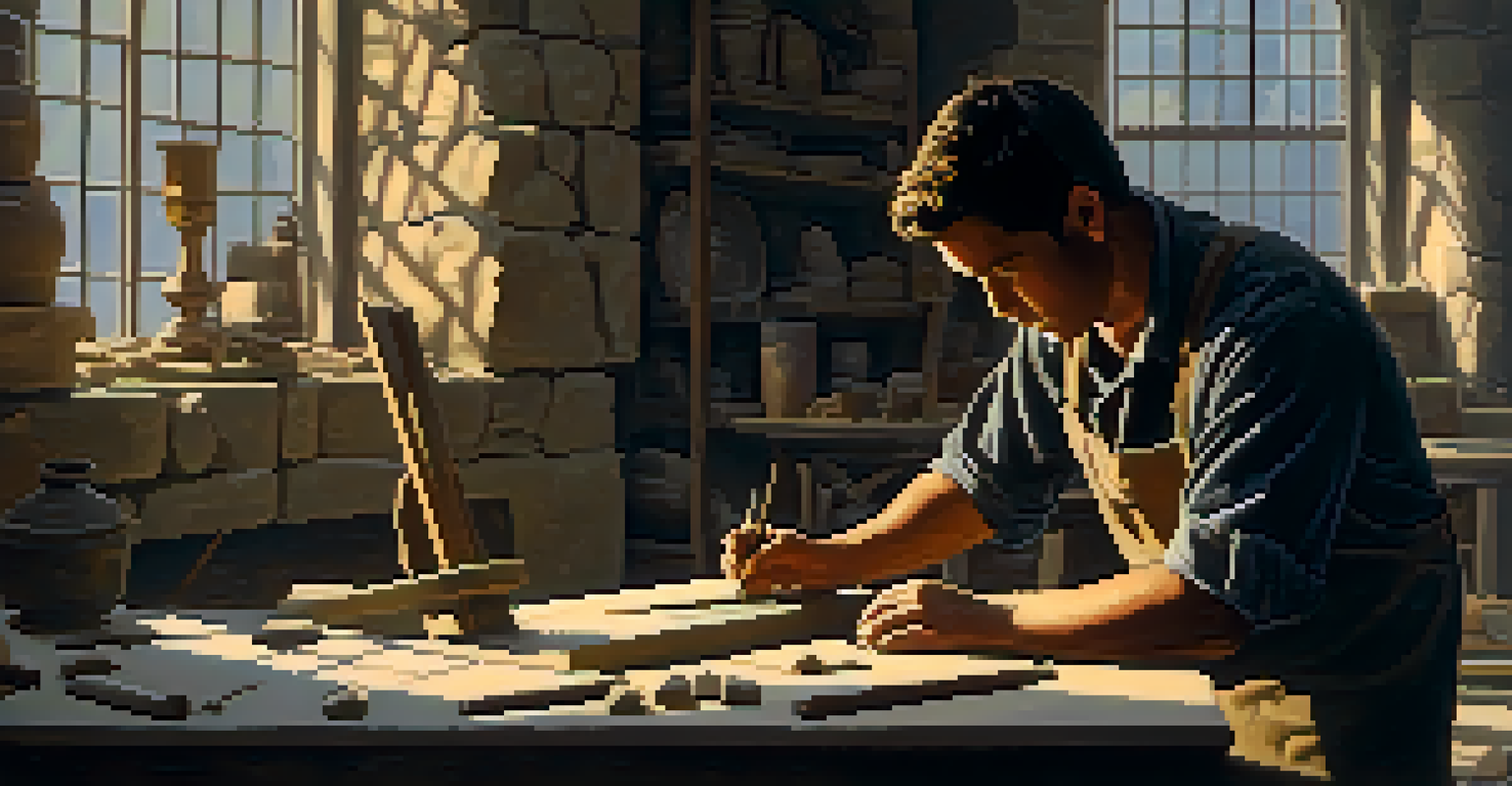An artist chiseling stone in a workshop, with dramatic shadows and focused lighting emphasizing the details of the stone.