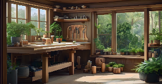 A bright and tranquil woodworking space with a carving station, surrounded by greenery and natural light.