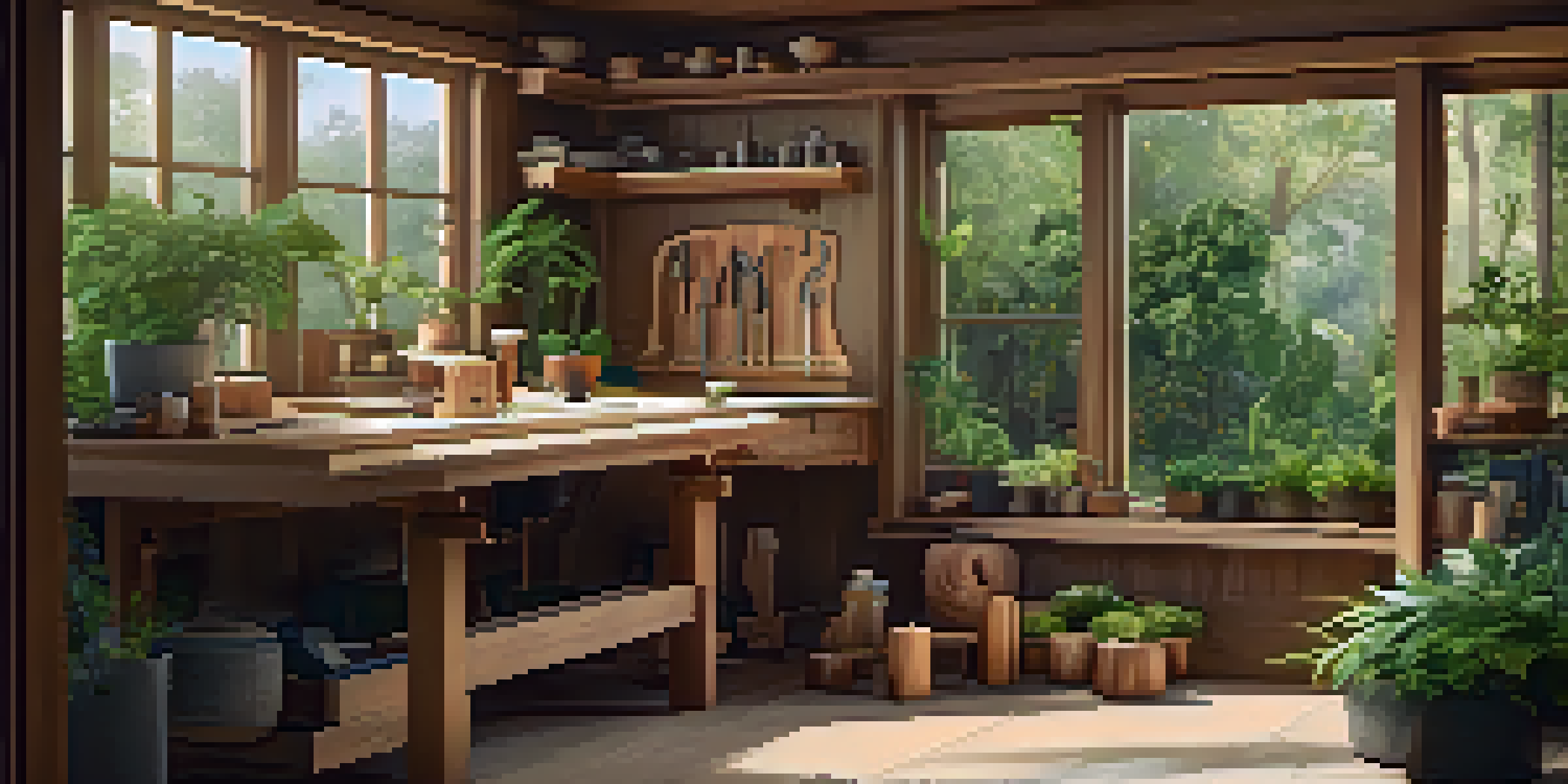 A bright and tranquil woodworking space with a carving station, surrounded by greenery and natural light.