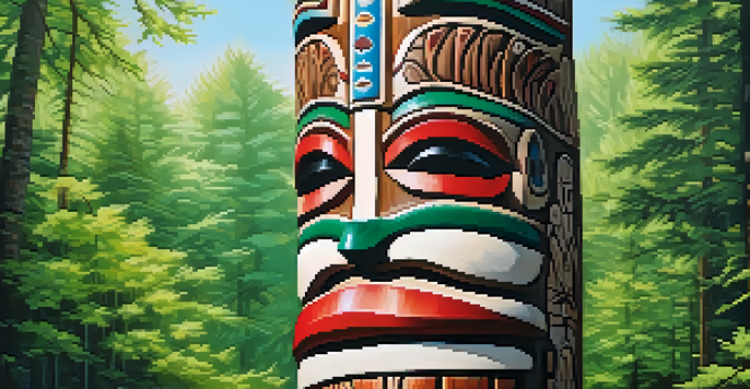 Close-up of a carved wooden totem pole with intricate designs in a forest setting, illuminated by soft sunlight.