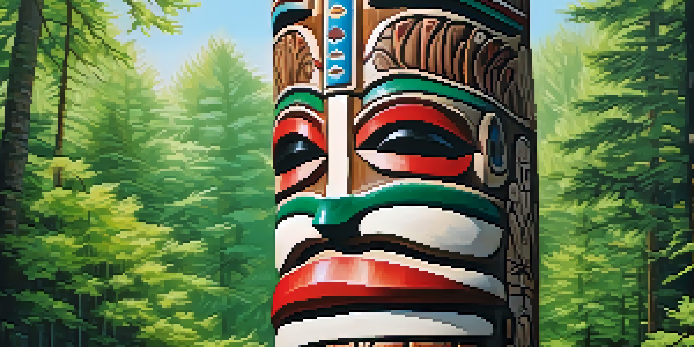 Close-up of a carved wooden totem pole with intricate designs in a forest setting, illuminated by soft sunlight.