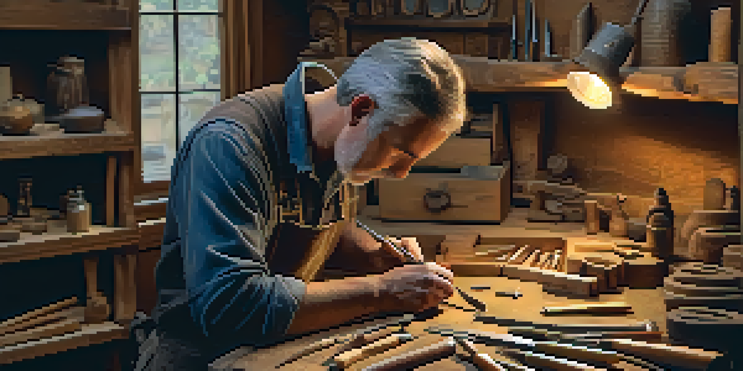 A restorer engaged in carving a detailed wooden artifact, with various carving tools on a wooden workbench, illuminated by warm lighting.