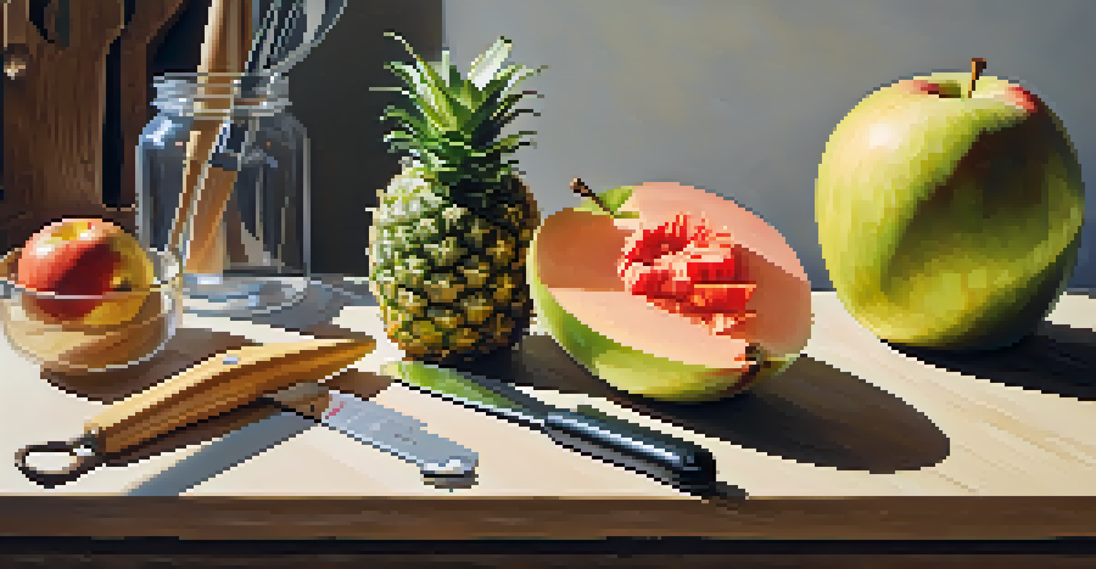 A workspace with fruit carving tools, a cutting board with a pineapple and a carved apple rose, illuminated by natural light.