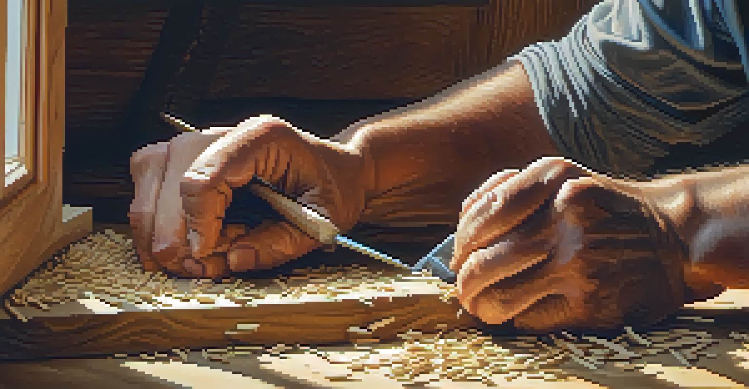 An artisan closely carving wood, with intricate details of the tool's movement and tiny wood shavings scattered around, illuminated by soft natural light.