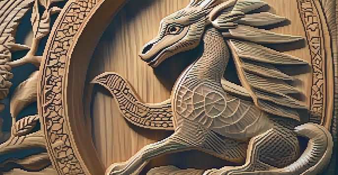 A detailed wooden sculpture with intricate animal carvings, illuminated by warm light, with a blurred background.