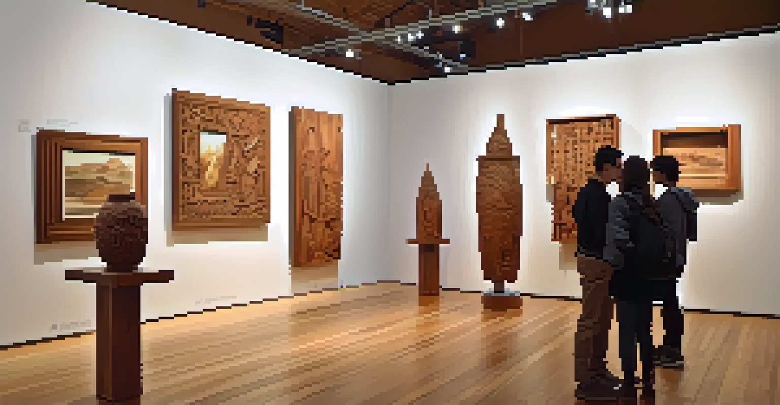An art exhibition featuring diverse carved sculptures with visitors admiring the artworks.