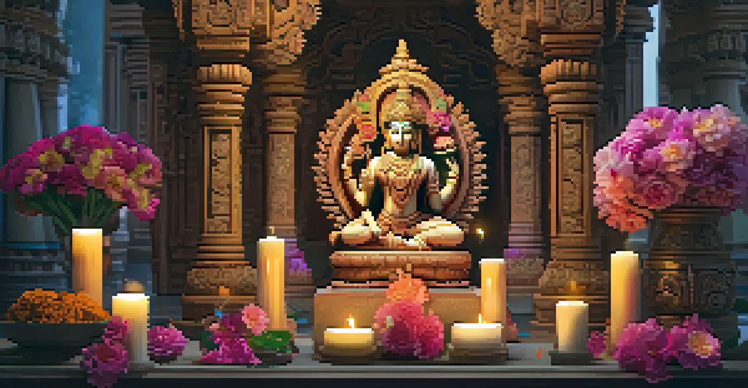 A detailed stone carving of a Hindu deity in a temple, surrounded by flowers and candles, creating a spiritual ambiance.
