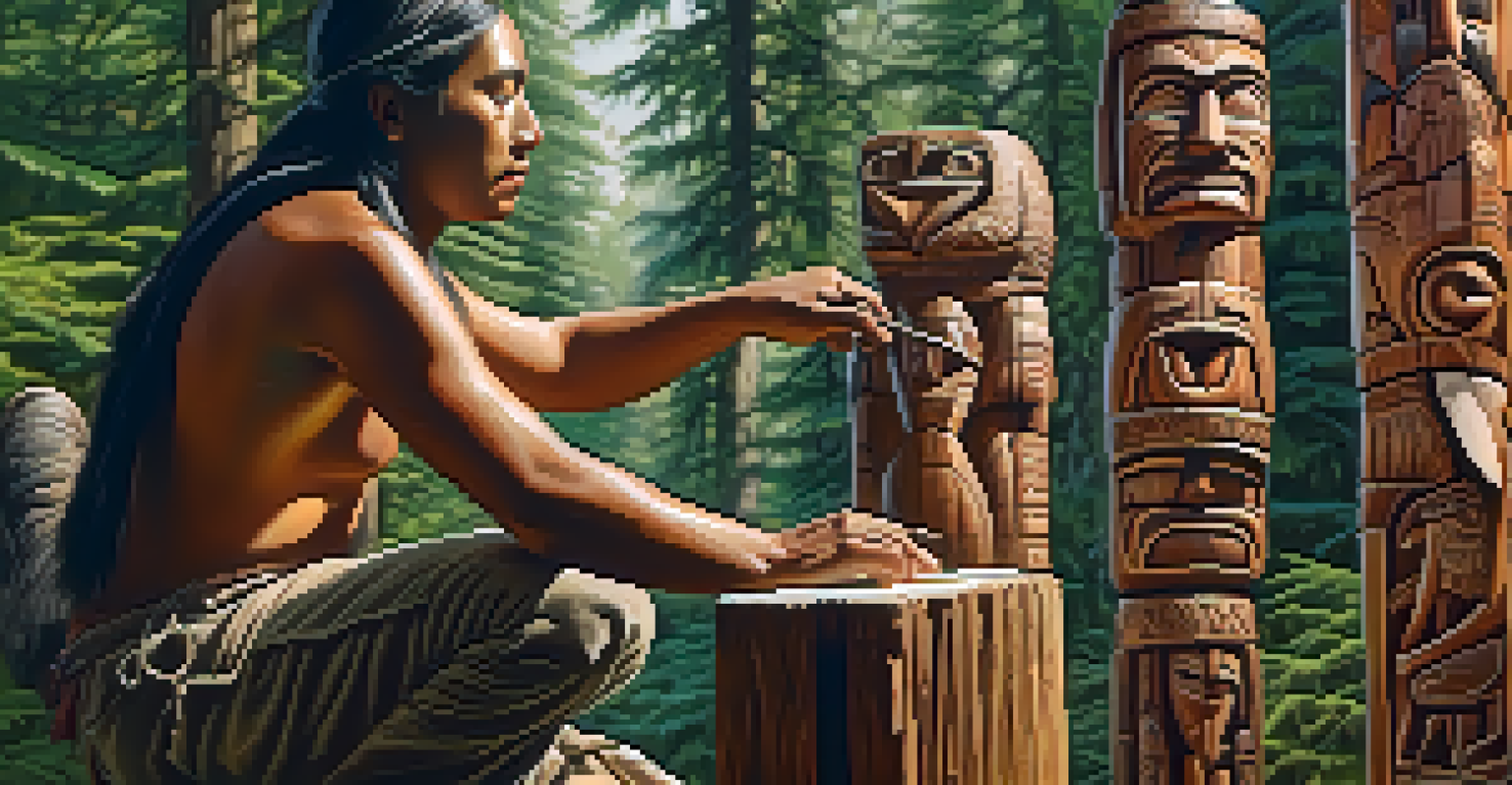 An indigenous artisan carving a totem pole outdoors in a forest, with detailed ancestral figures and animals visible in the sunlight.
