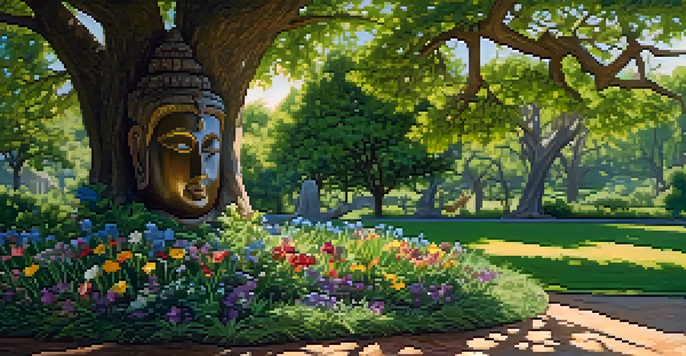 A carved wooden sculpture under a large tree, surrounded by green grass and wildflowers, with sunlight filtering through the leaves.