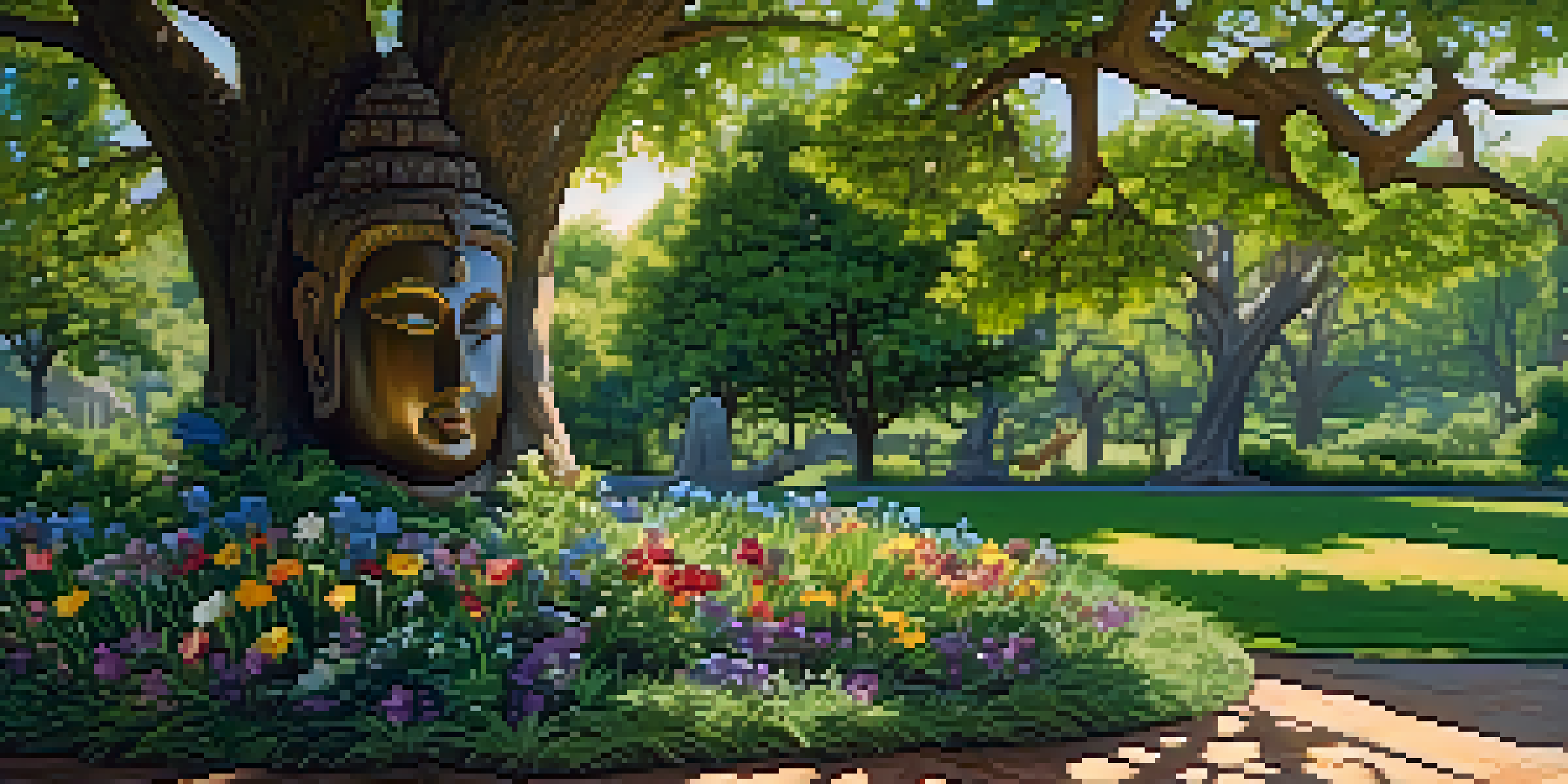 A carved wooden sculpture under a large tree, surrounded by green grass and wildflowers, with sunlight filtering through the leaves.