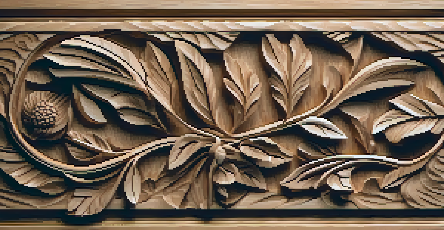A close-up of an intricately carved wooden piece with floral designs, illuminated by soft light.