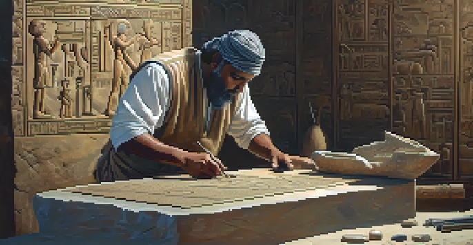 An ancient Egyptian artisan carving stone in a workshop, with tools and hieroglyphs around him, illuminated by soft sunlight.