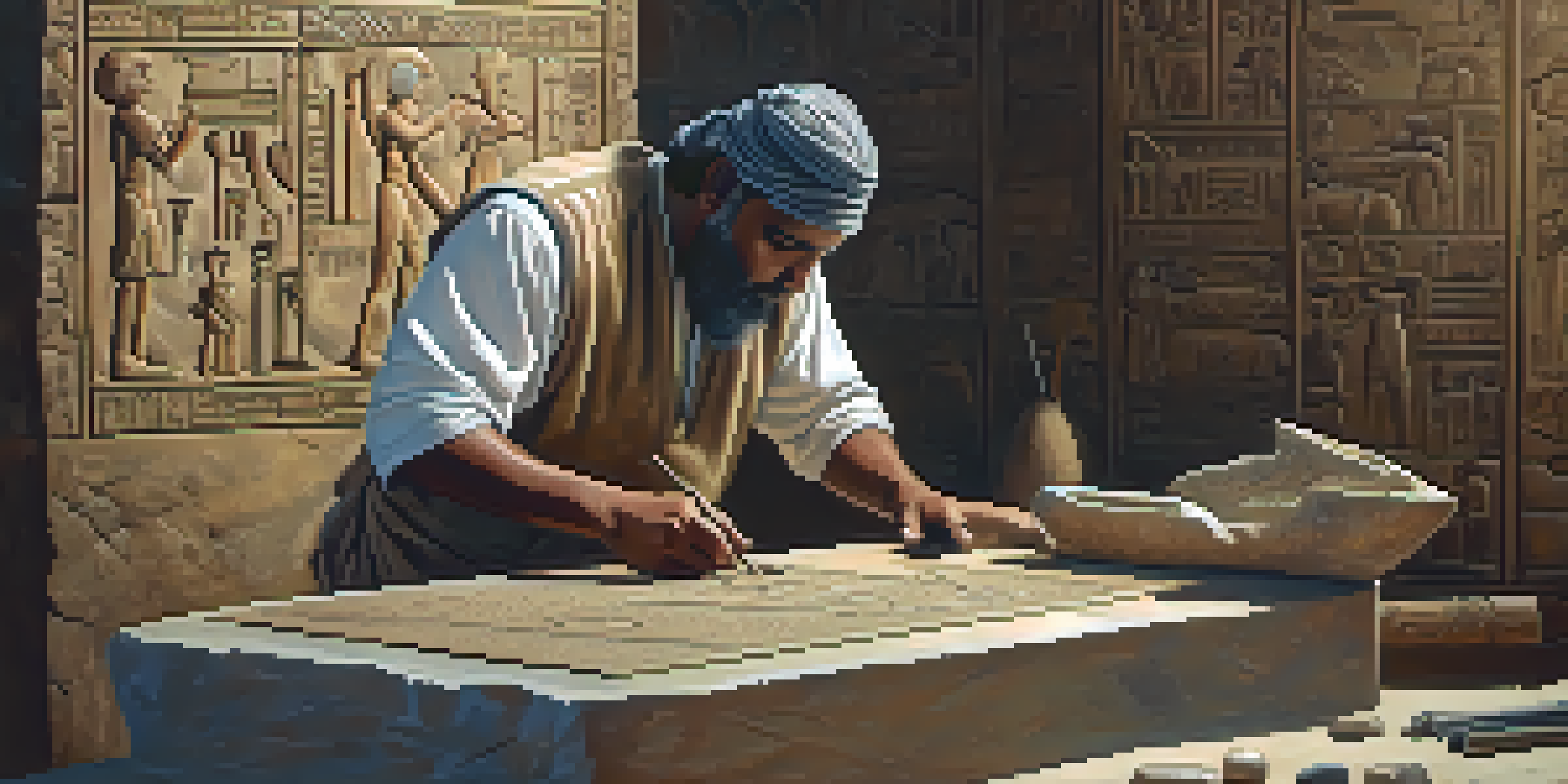 An ancient Egyptian artisan carving stone in a workshop, with tools and hieroglyphs around him, illuminated by soft sunlight.