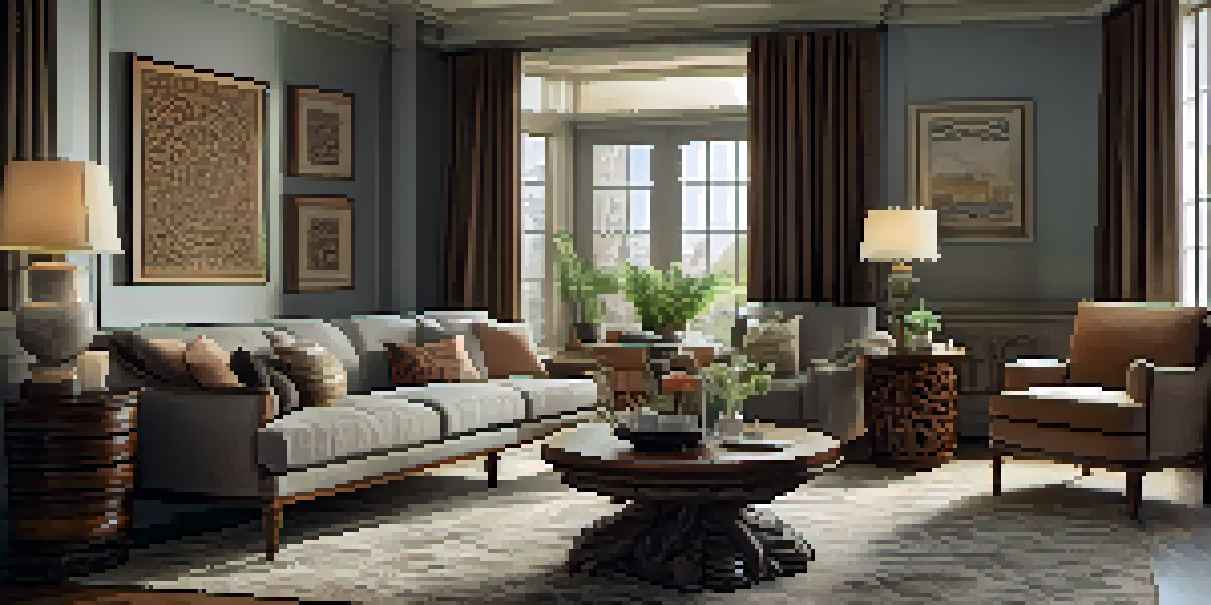 A carved wooden coffee table in a cozy living room with armchairs and a rug, illuminated by natural light.