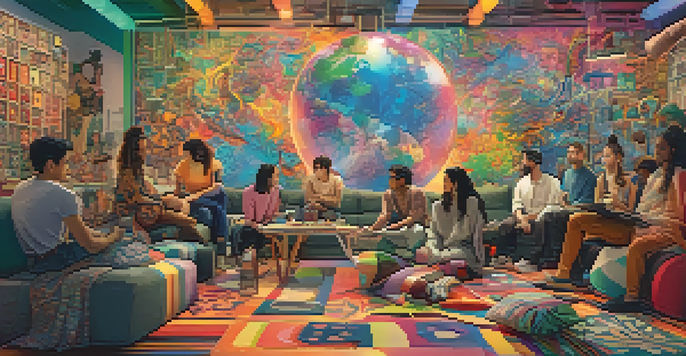 A group of diverse artists collaboratively painting in a virtual space, surrounded by colorful digital tools and a vibrant background of blended patterns.