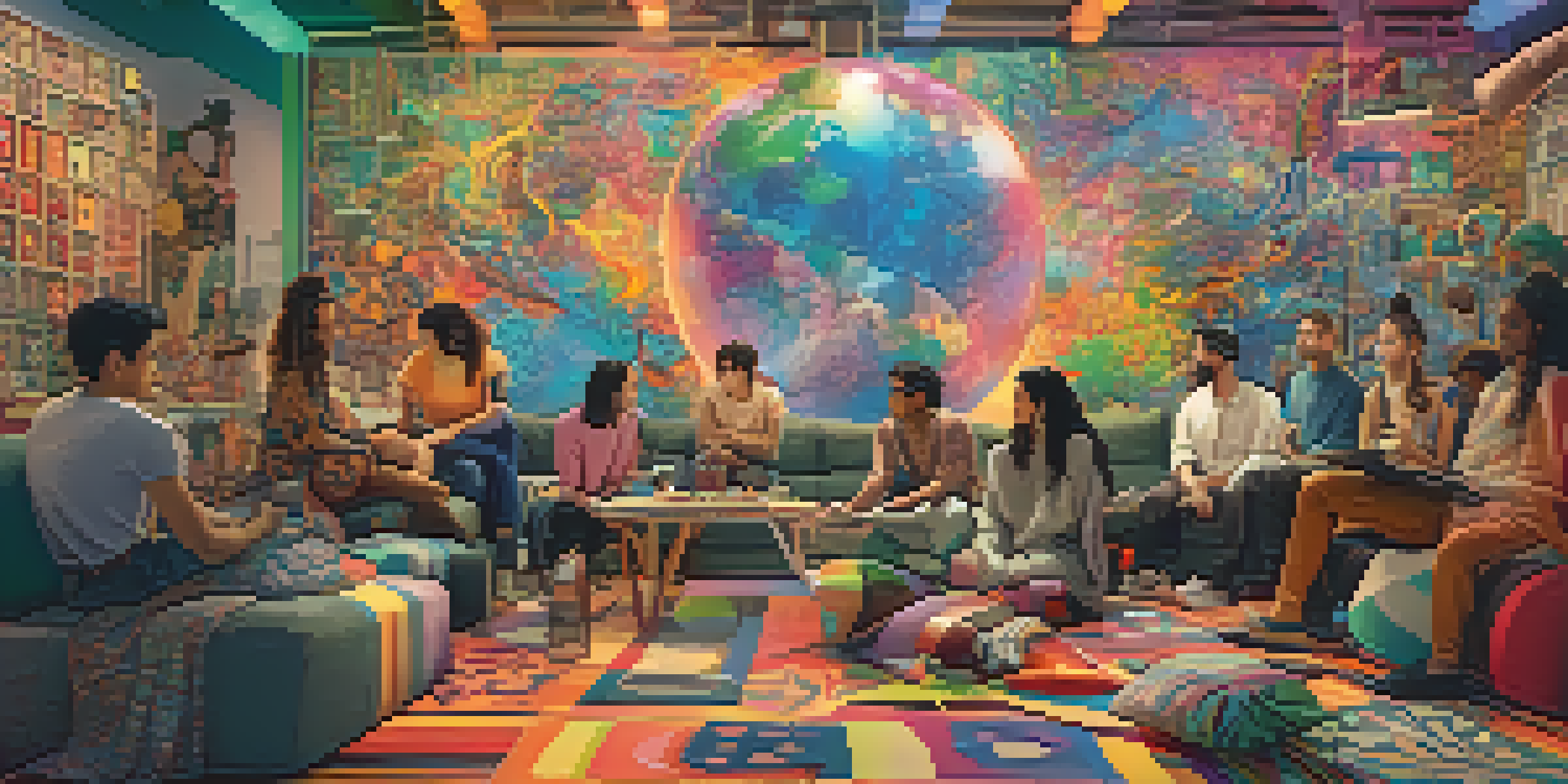 A group of diverse artists collaboratively painting in a virtual space, surrounded by colorful digital tools and a vibrant background of blended patterns.