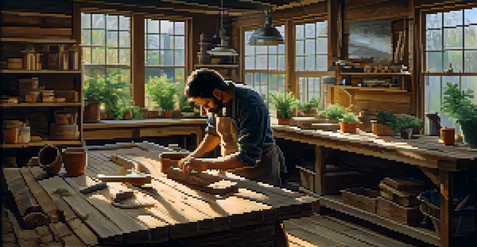 A skilled artisan carving reclaimed wood in a sunlit workshop filled with tools and plants.