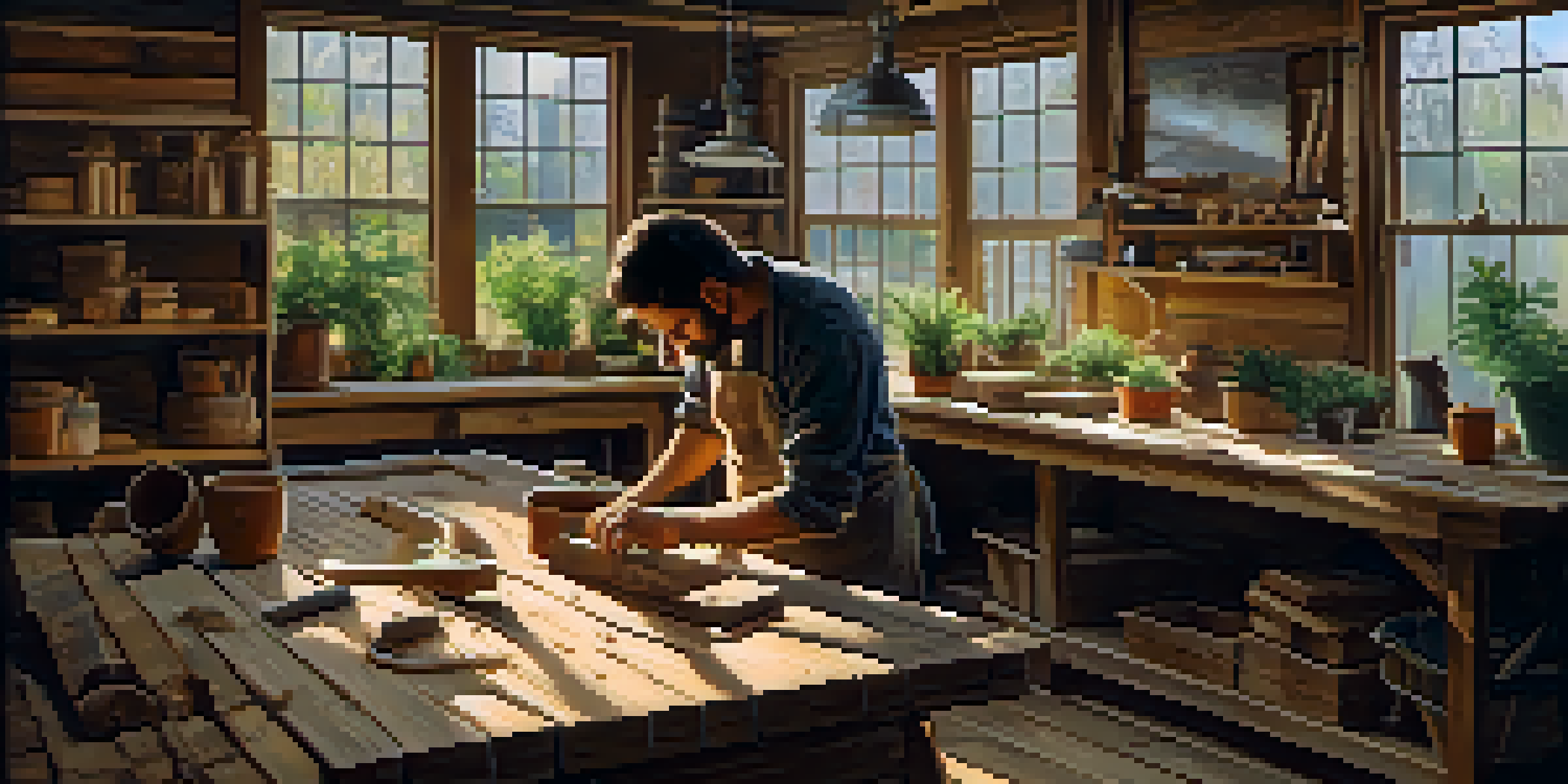 A skilled artisan carving reclaimed wood in a sunlit workshop filled with tools and plants.