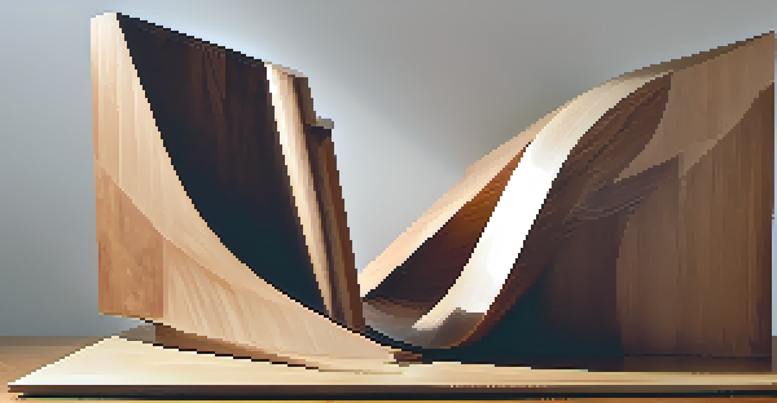 An abstract wooden sculpture with sharp angles and soft curves, showcasing contrasting textures and dramatic lighting.