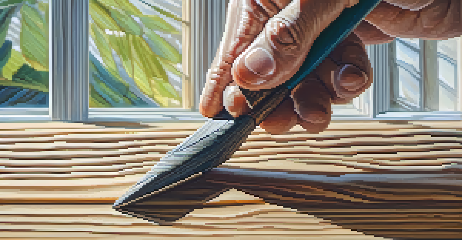 A close-up of a hand holding a chisel above a wooden piece, with intricate grain patterns illuminated by soft natural light.