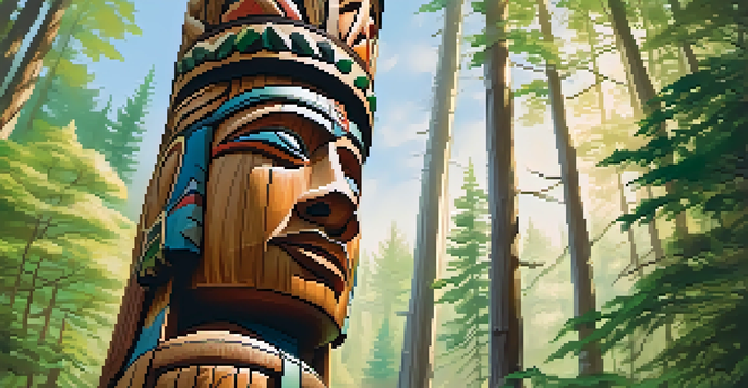 A detailed wooden totem pole carved with various figures, set against a green forest background with sunlight.