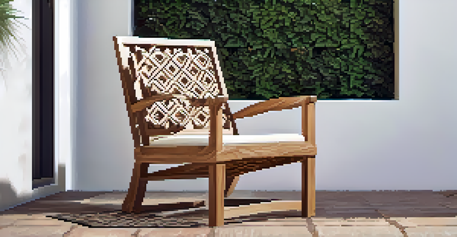 A close-up of a carved wooden chair with geometric patterns on a stone patio, surrounded by greenery and blooming plants.