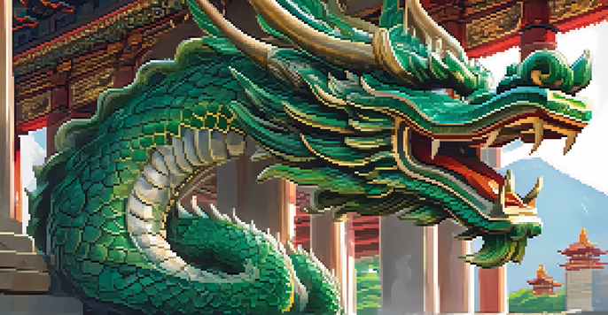 A detailed carving of a green Asian dragon wrapping around a temple column, with sunlight illuminating the scene.