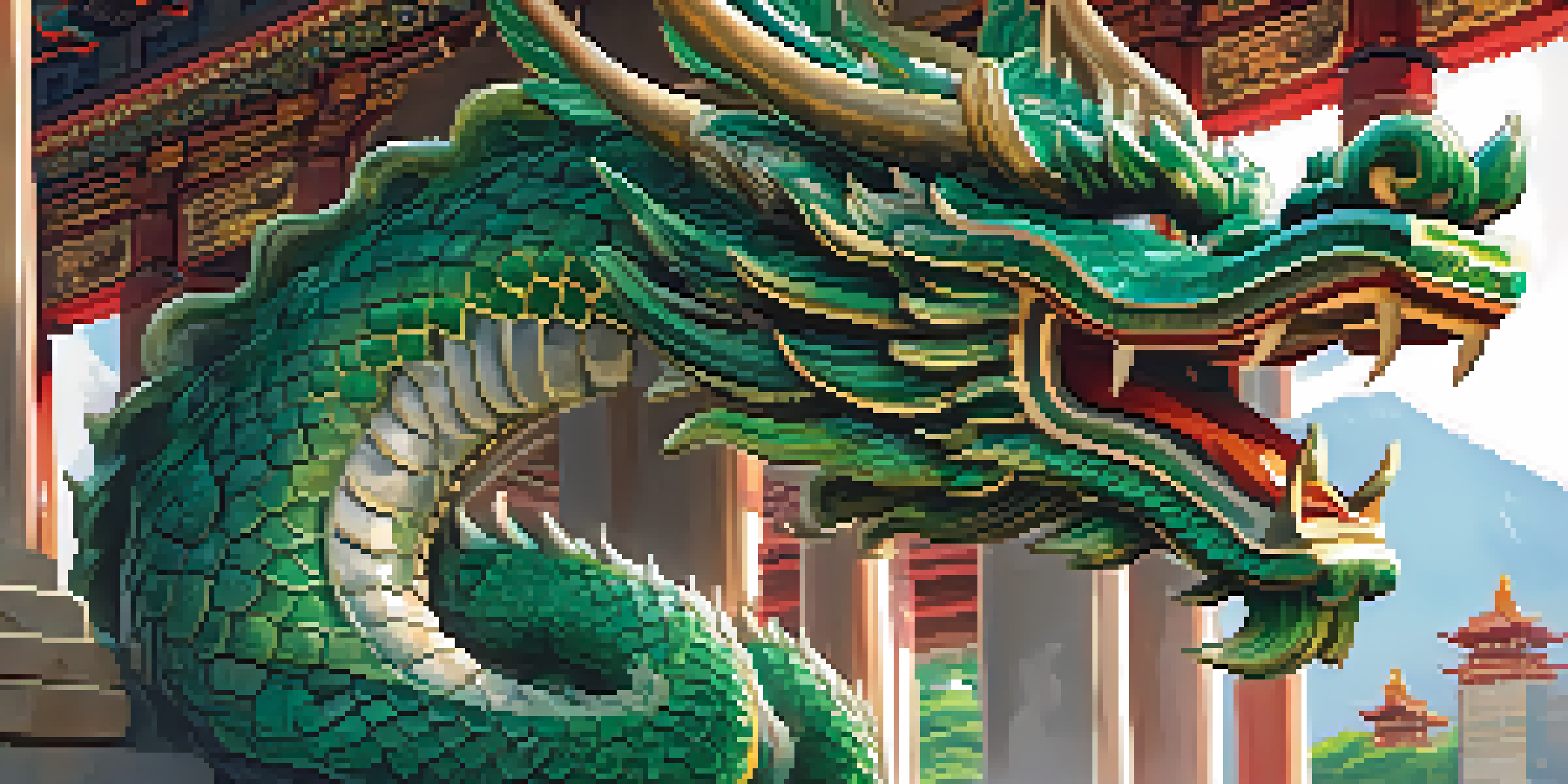 A detailed carving of a green Asian dragon wrapping around a temple column, with sunlight illuminating the scene.