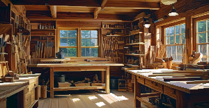 A woodworking workshop with a craftsman carving softwood pieces, surrounded by tools and wood shavings.