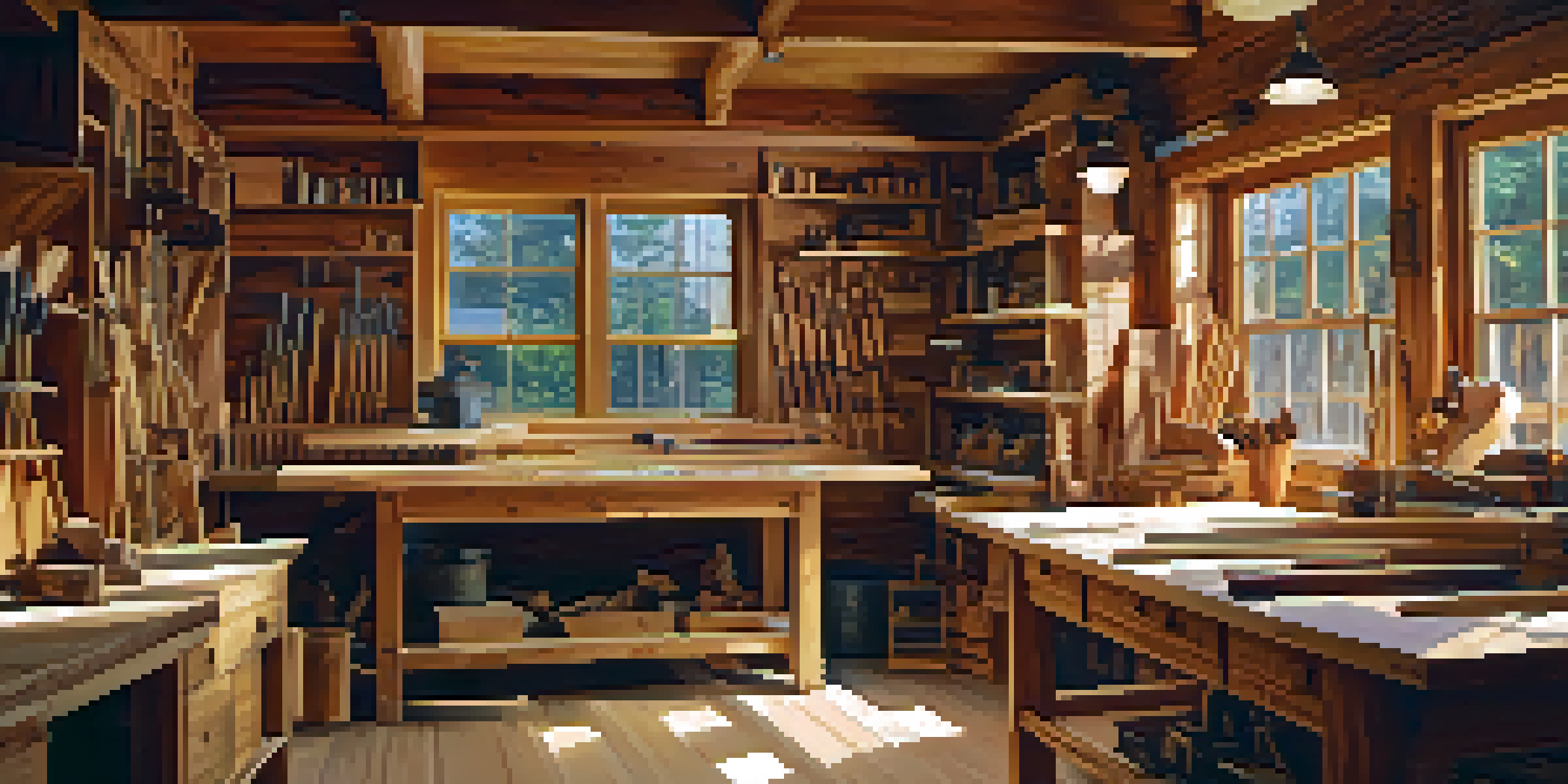 A woodworking workshop with a craftsman carving softwood pieces, surrounded by tools and wood shavings.